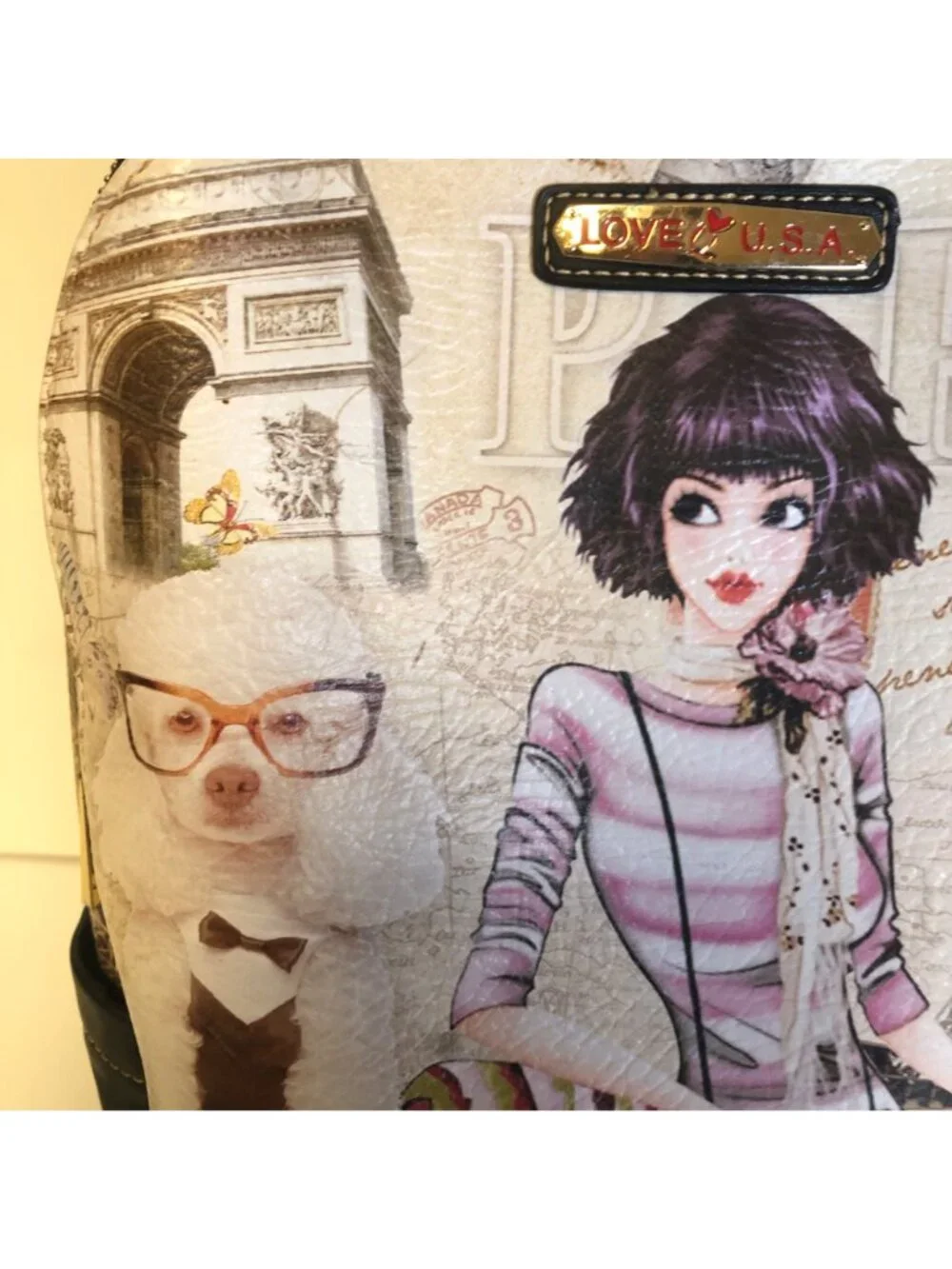 Love Q USA Paris Print Backpack Laptop Pocket Girl Dog Illustration